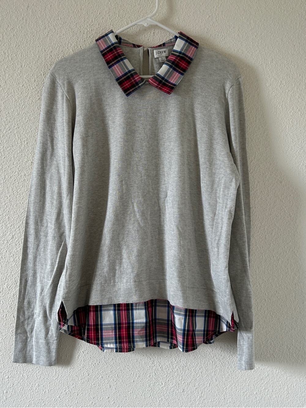 J. Crew Preppy Layered Plaid Collar Sweater Shirt Women’s Large Gray Red